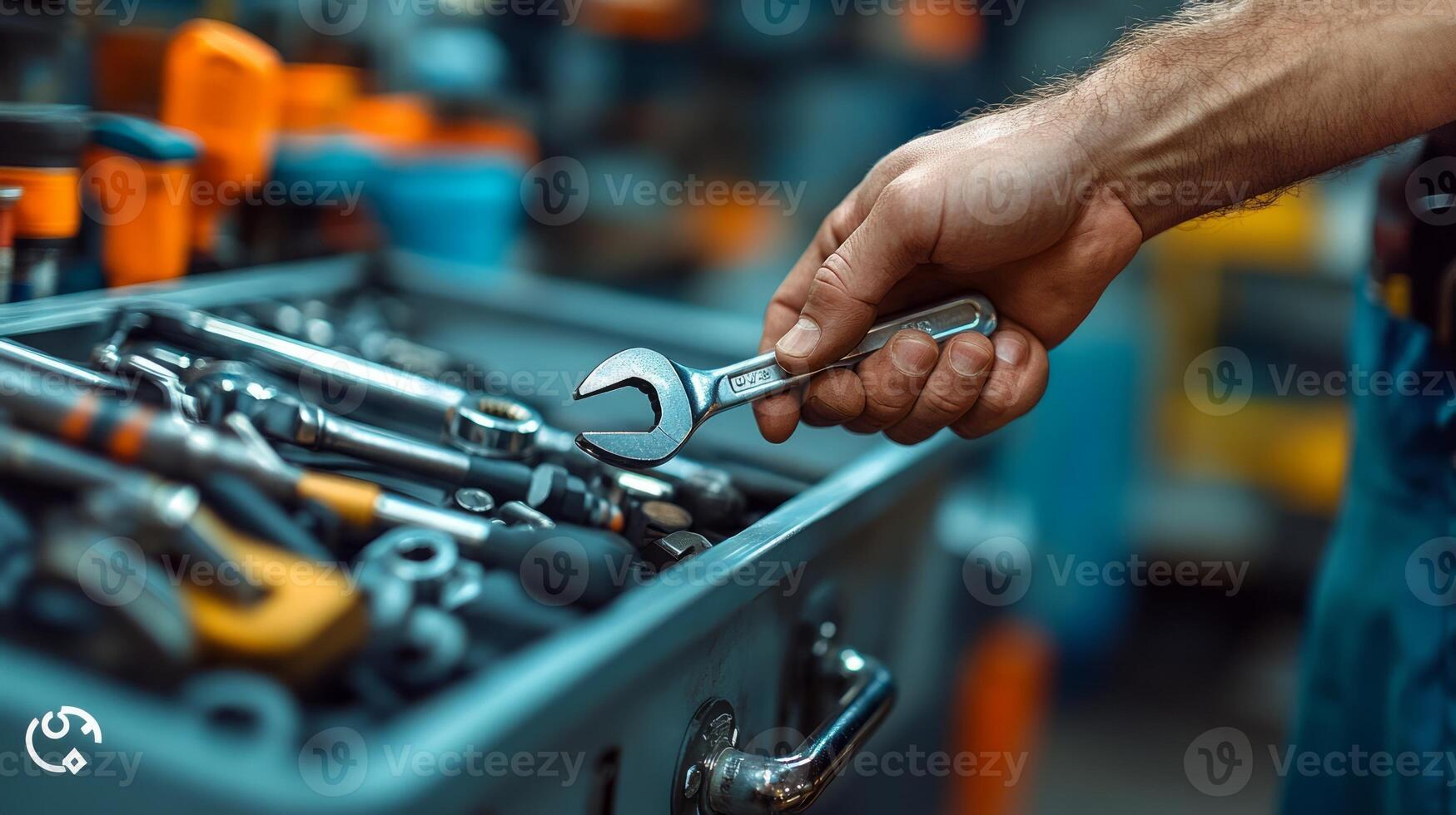A man holding a wrench in his hand with tools in a tool box photo