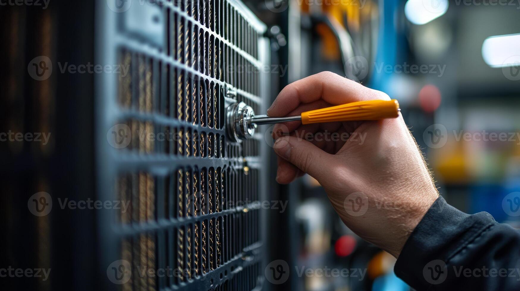 A person is holding a wrench on a server photo