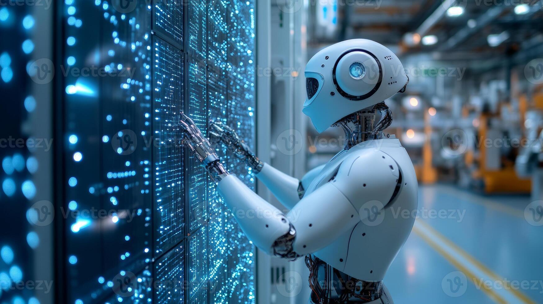 A robot is standing in front of a computer screen photo