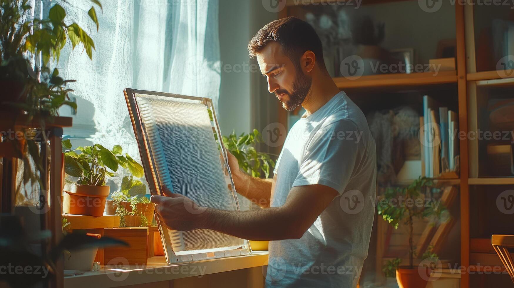 A man is holding a framed picture in front of a window photo
