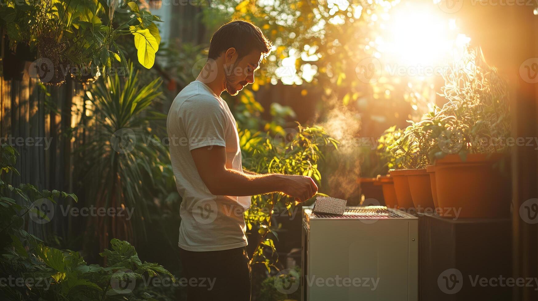 A man is standing in front of a garden with plants photo