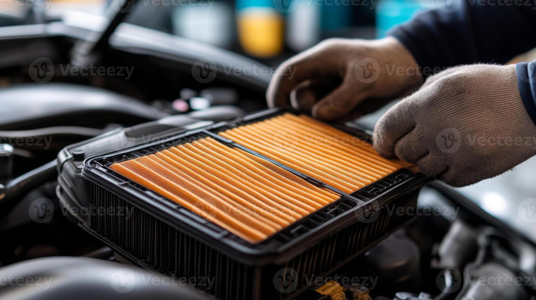 A person is holding a filter on a car engine photo