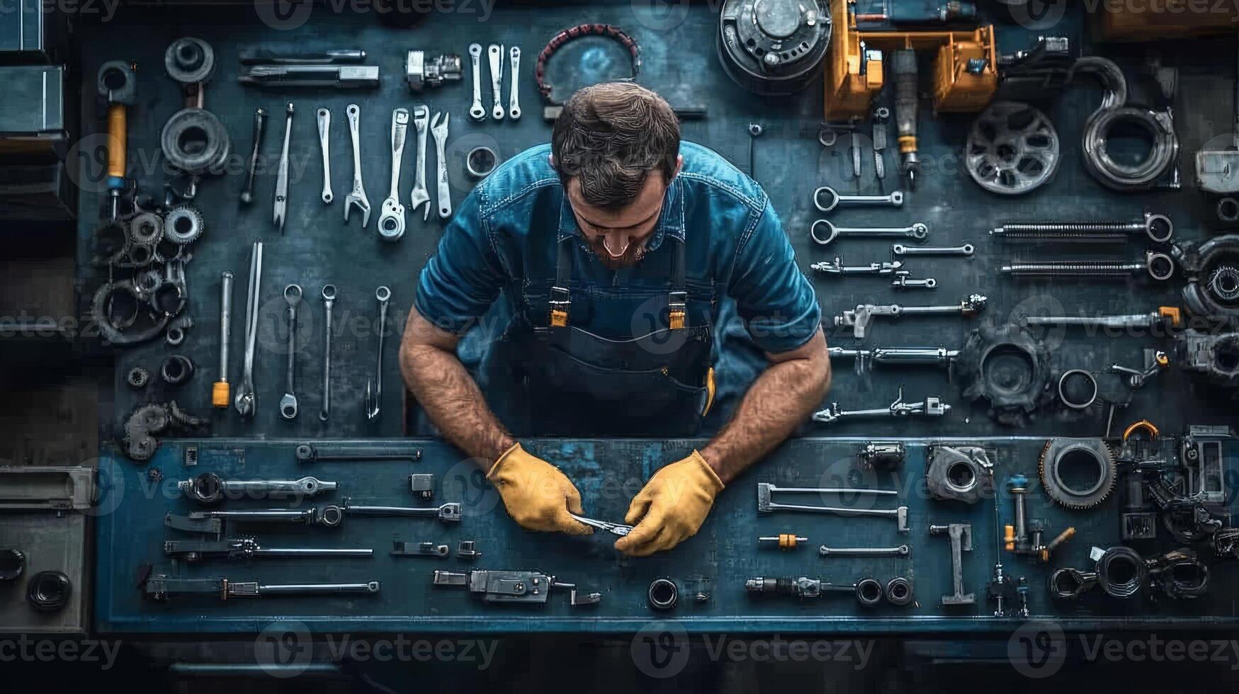 A man working on a table surrounded by tools photo