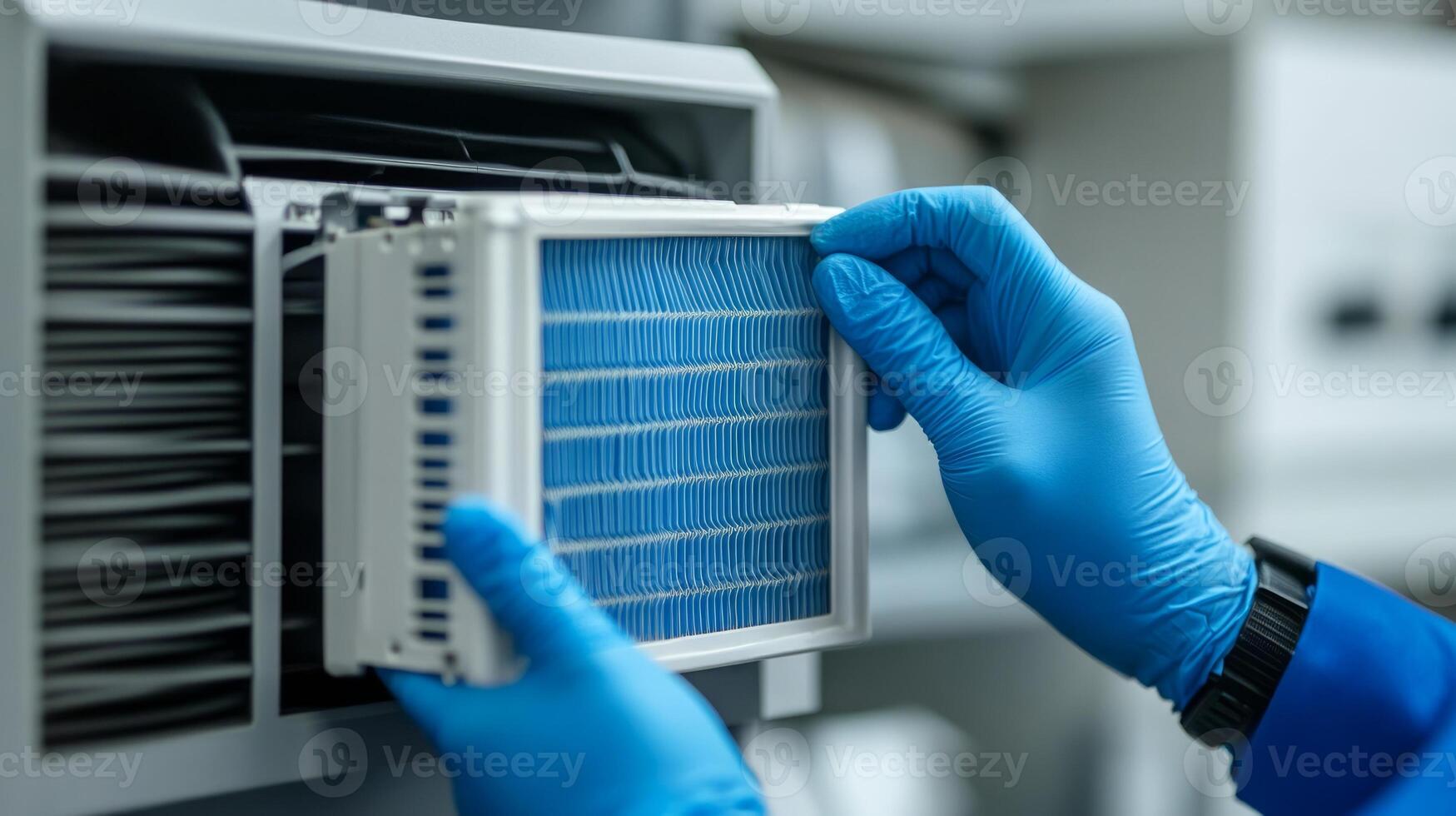 A person in blue gloves holding a filter in front of a machine photo