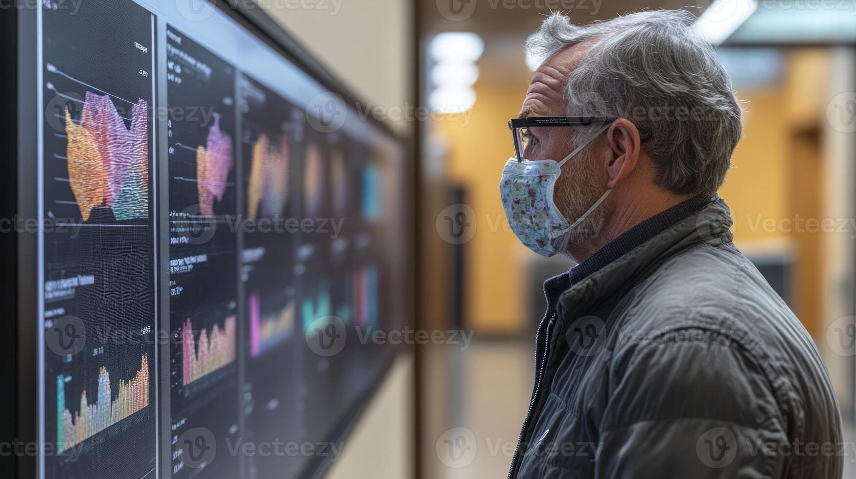 A man wearing a face mask looks at a large screen photo