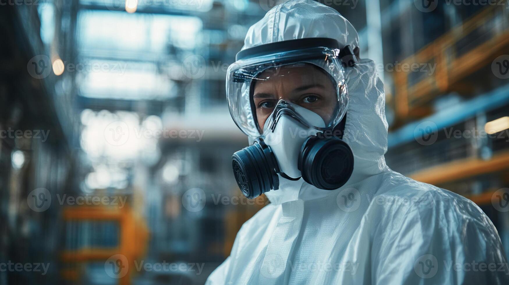 A man in a protective suit and mask standing in an industrial area photo