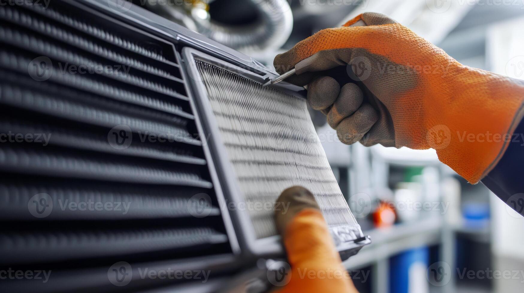 A person in an orange glove is holding a filter photo