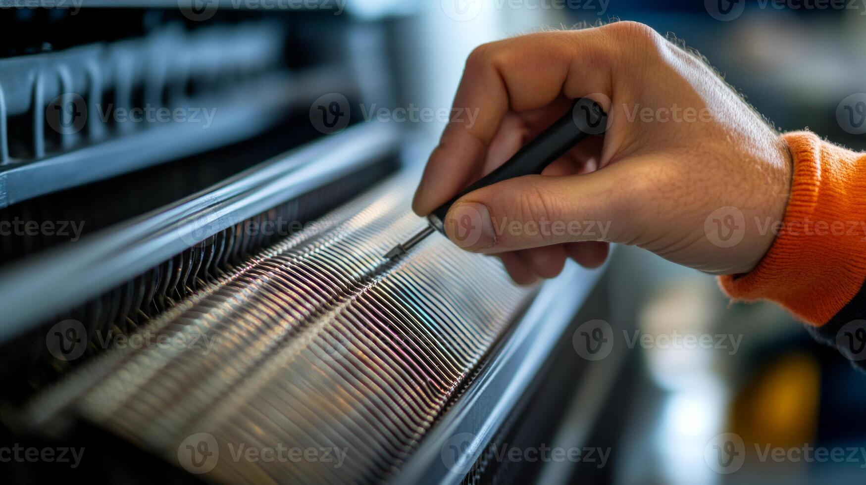 A person is using a pair of scissors to cut a piece of metal photo