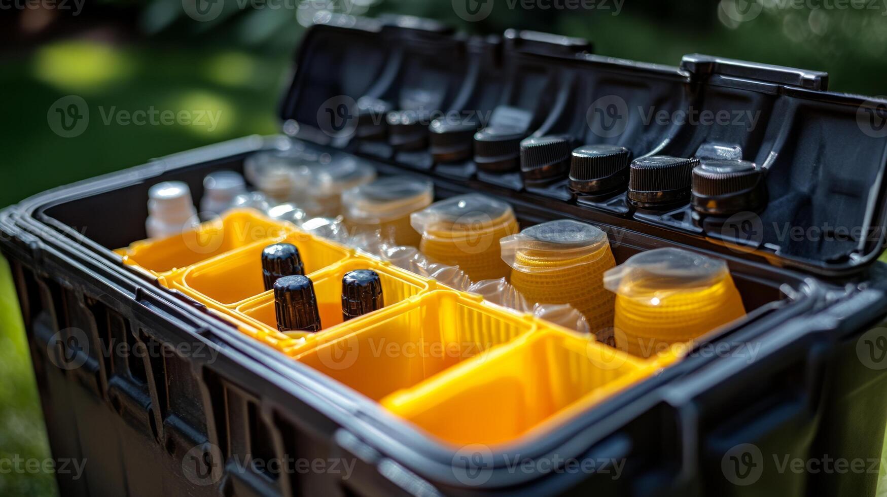 A black case with yellow dividers filled with bottles photo