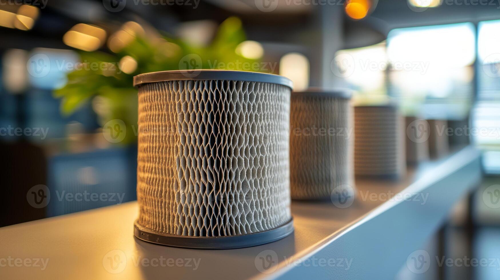 A row of three air filters on a shelf photo