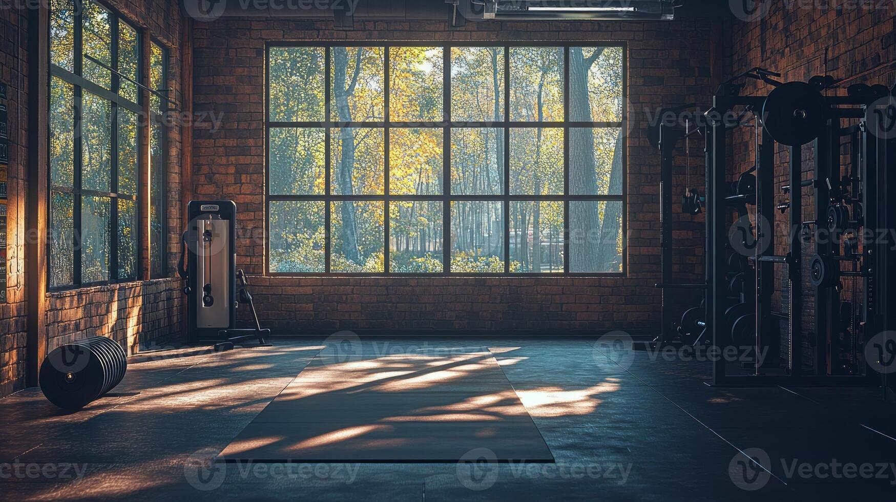 An empty gym room with a window and a mat photo