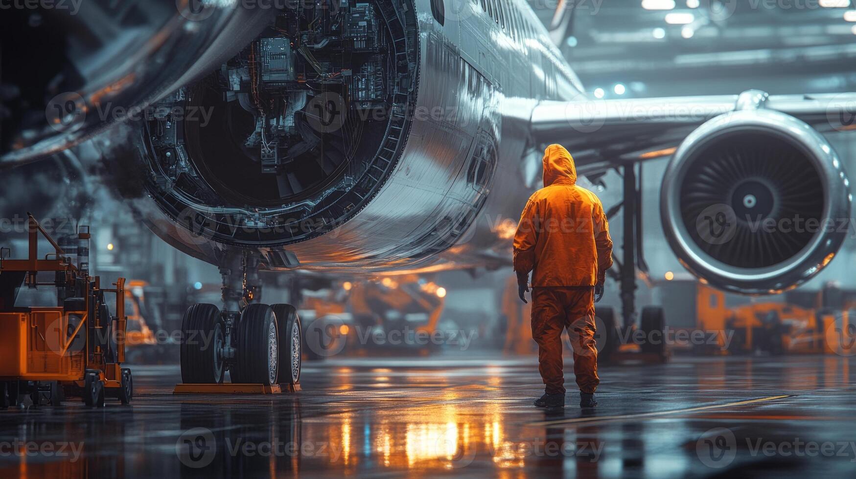 A man in an orange jacket standing in front of an airplane photo