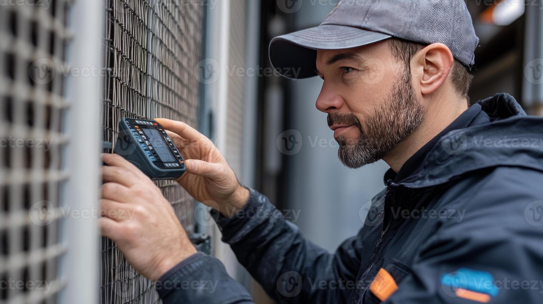 A man in a hat and jacket is using a device photo