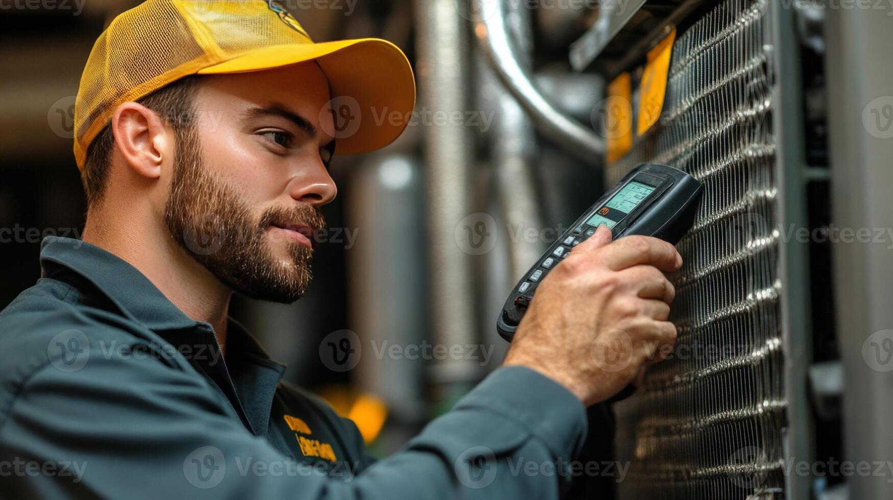 A man in a yellow hat and cap is using a handheld device photo