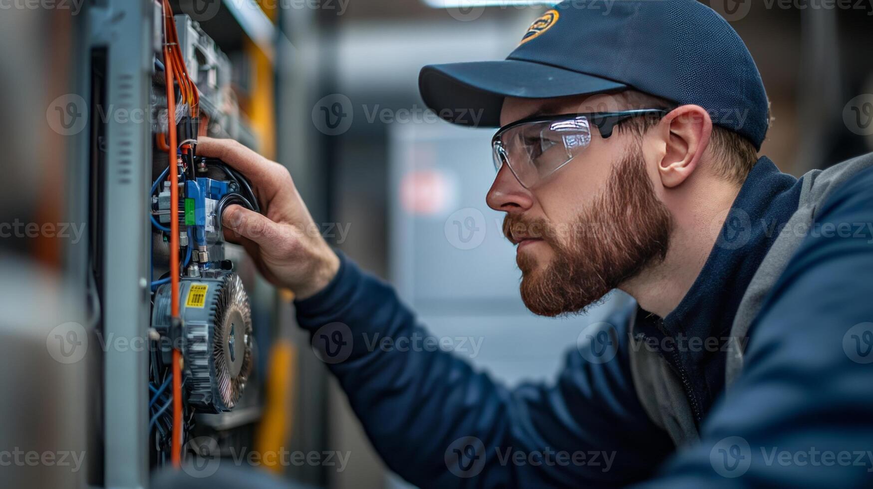 A man with a beard and glasses is working on a computer photo