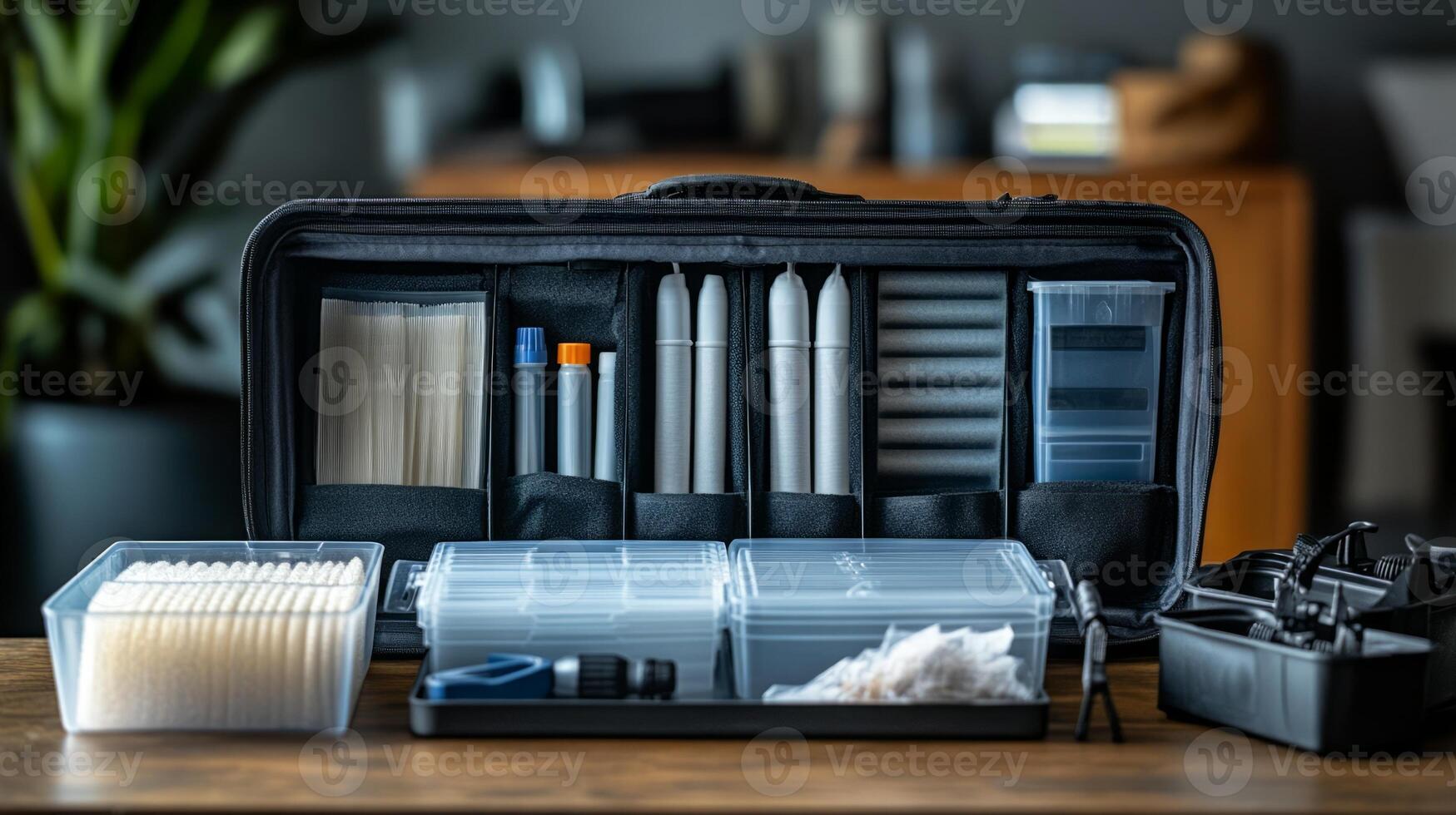 A suitcase filled with pens, pencils, and other items photo