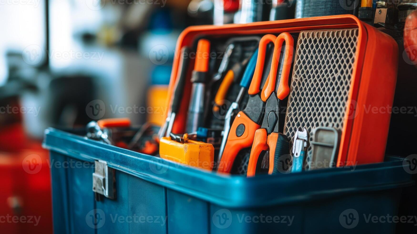 A blue and orange tool box with various tools photo