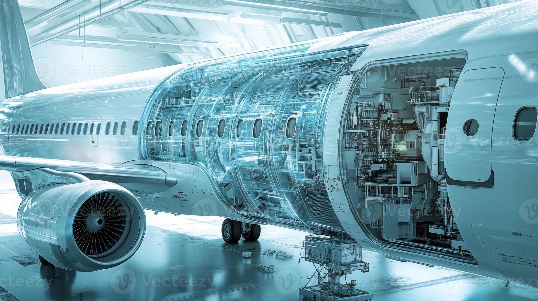 An airplane with a large engine inside of a building photo