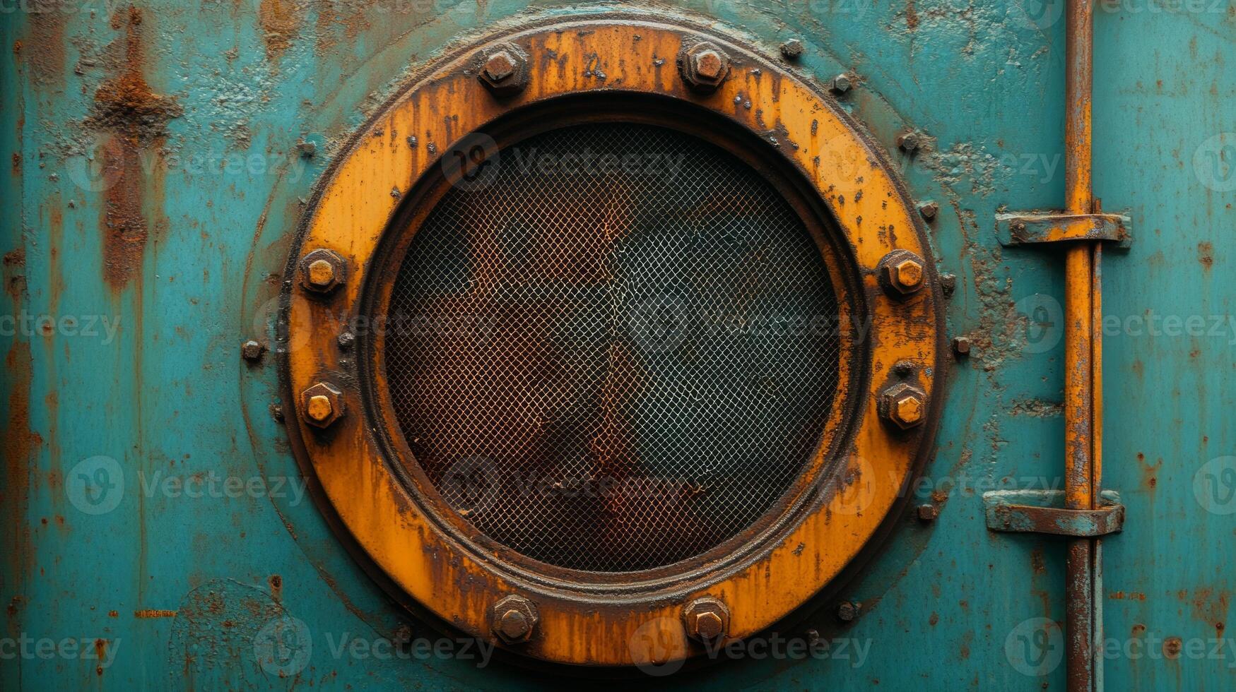 An old rusty porthole window on a rusty blue and yellow painted wall photo