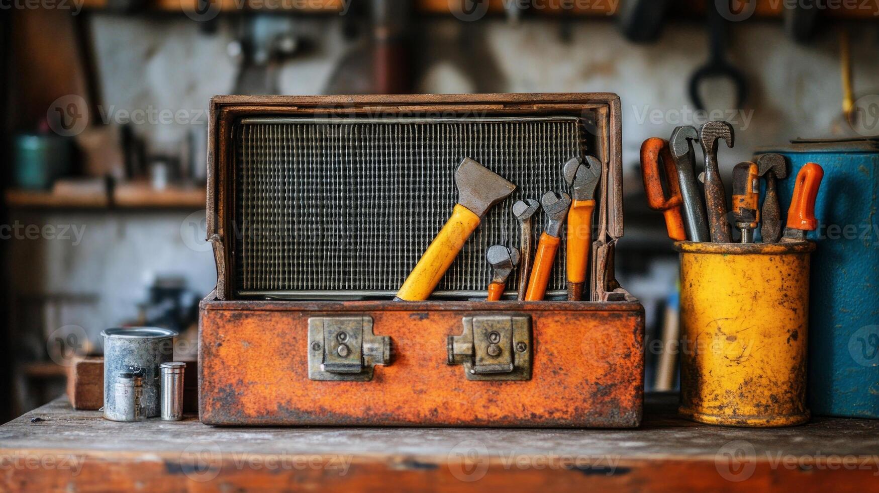 Old rusty toolbox with tools on a wooden table photo