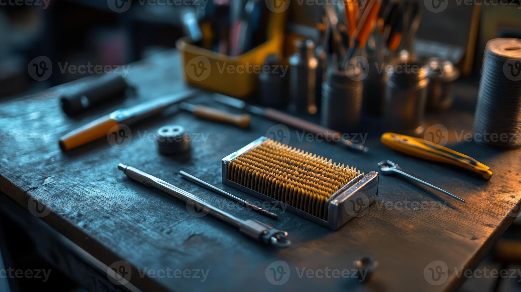 A table with tools and other items on it photo