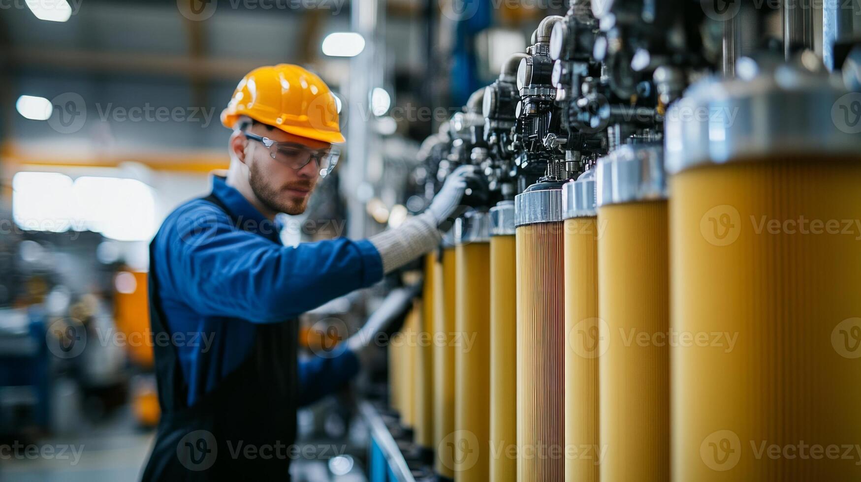 A man in a hard hat and safety glasses working on a machine photo