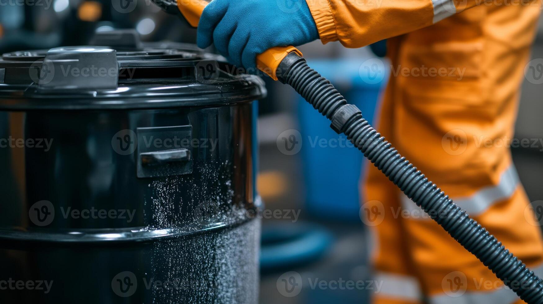 A person in an orange uniform is using a vacuum to clean a black container photo