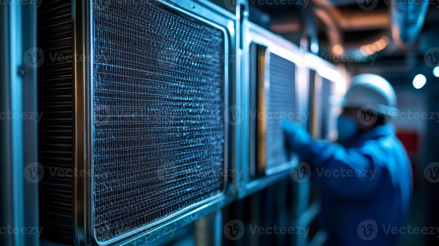 A worker in a blue uniform is standing next to a large air conditioning unit photo