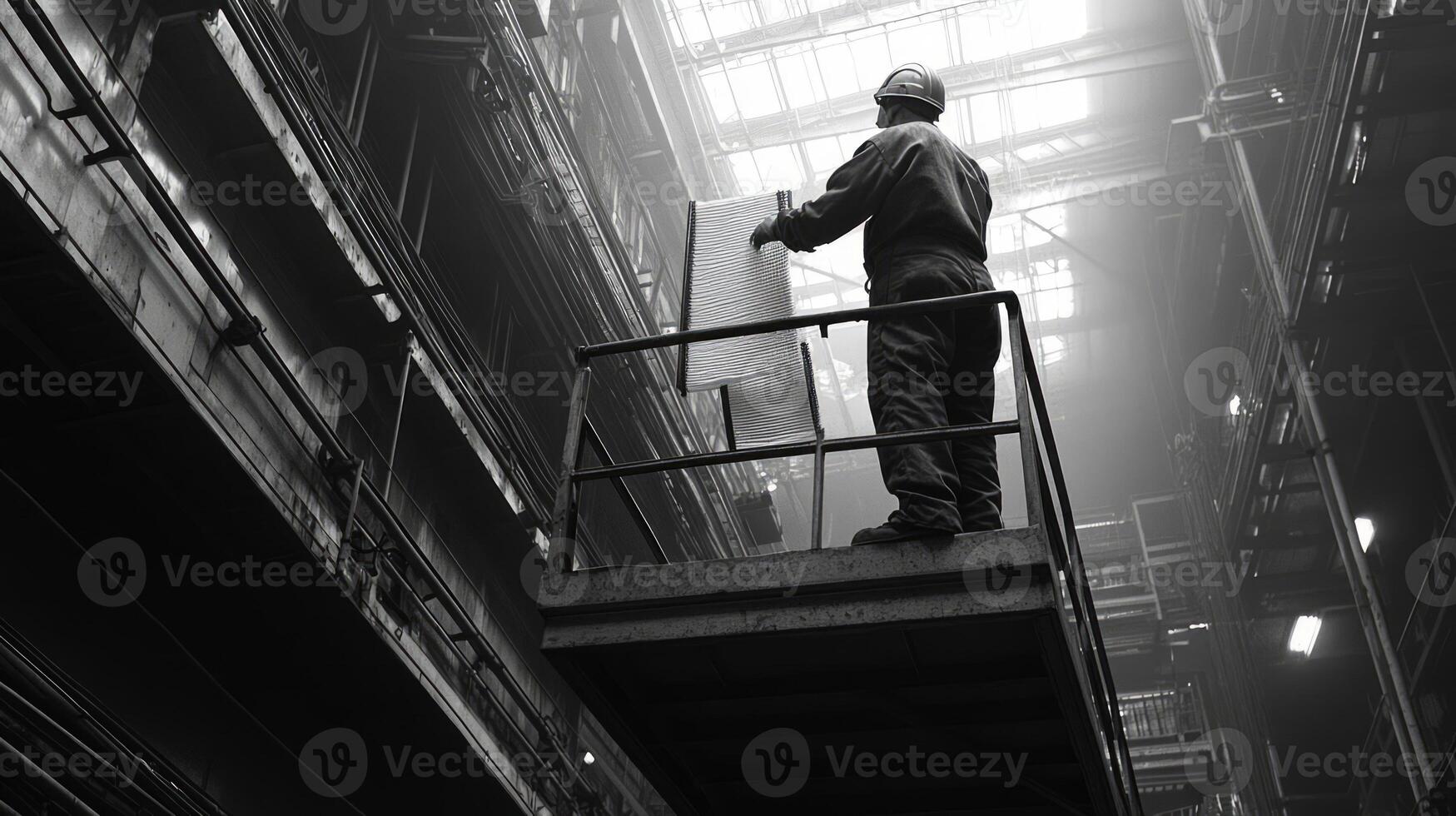A man standing on a ladder in a factory photo