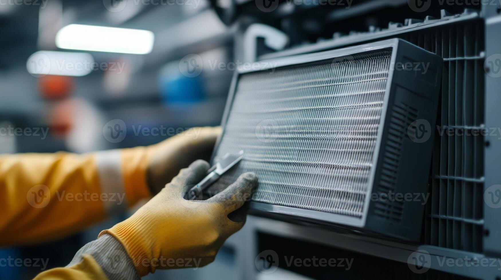 A person in yellow gloves is holding a piece of metal photo