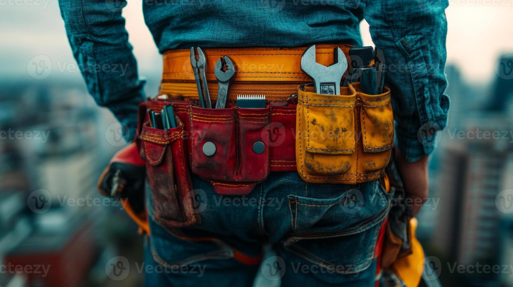 A man with a tool belt on his back photo