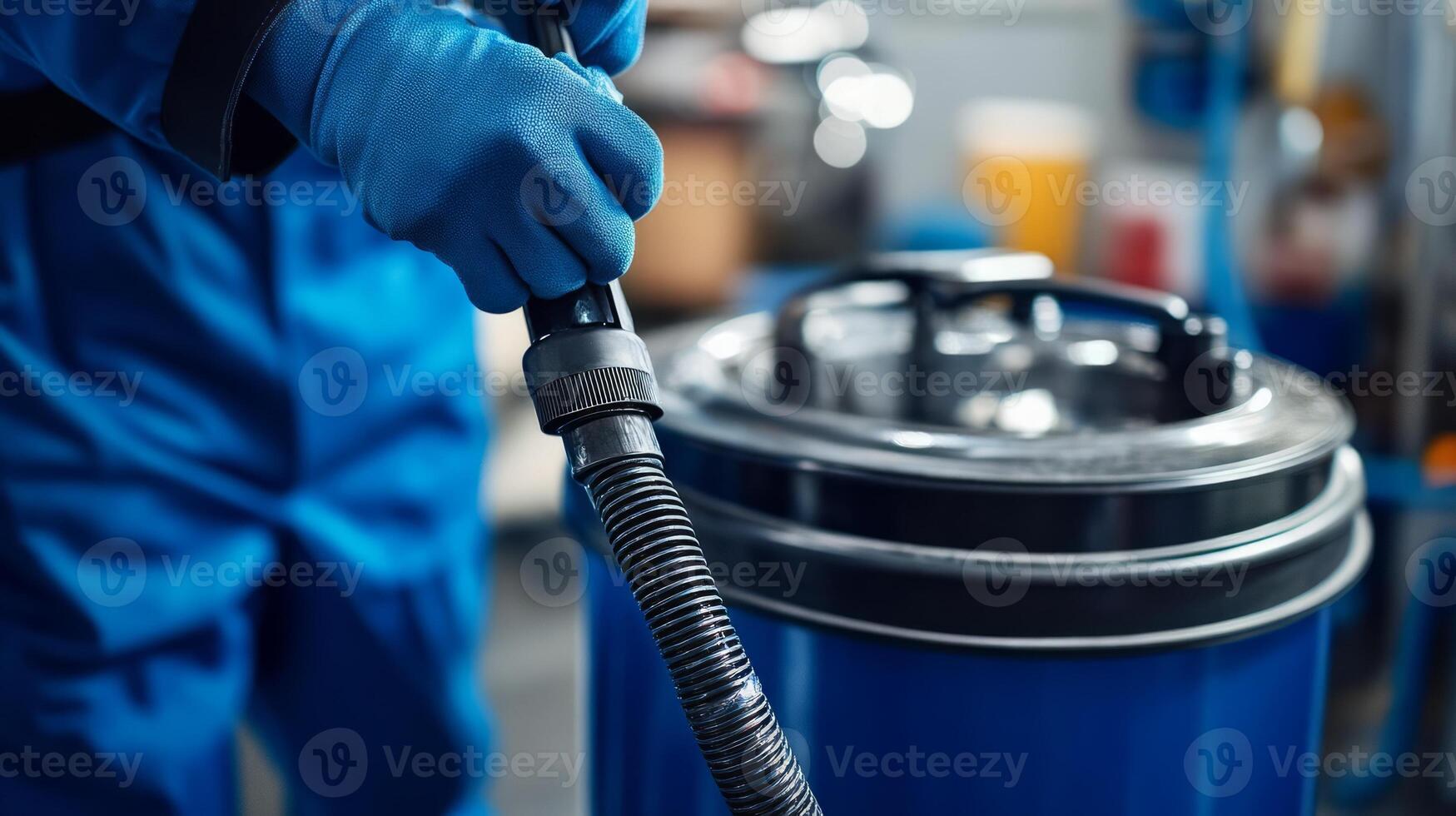 A person in blue overalls is holding a hose photo
