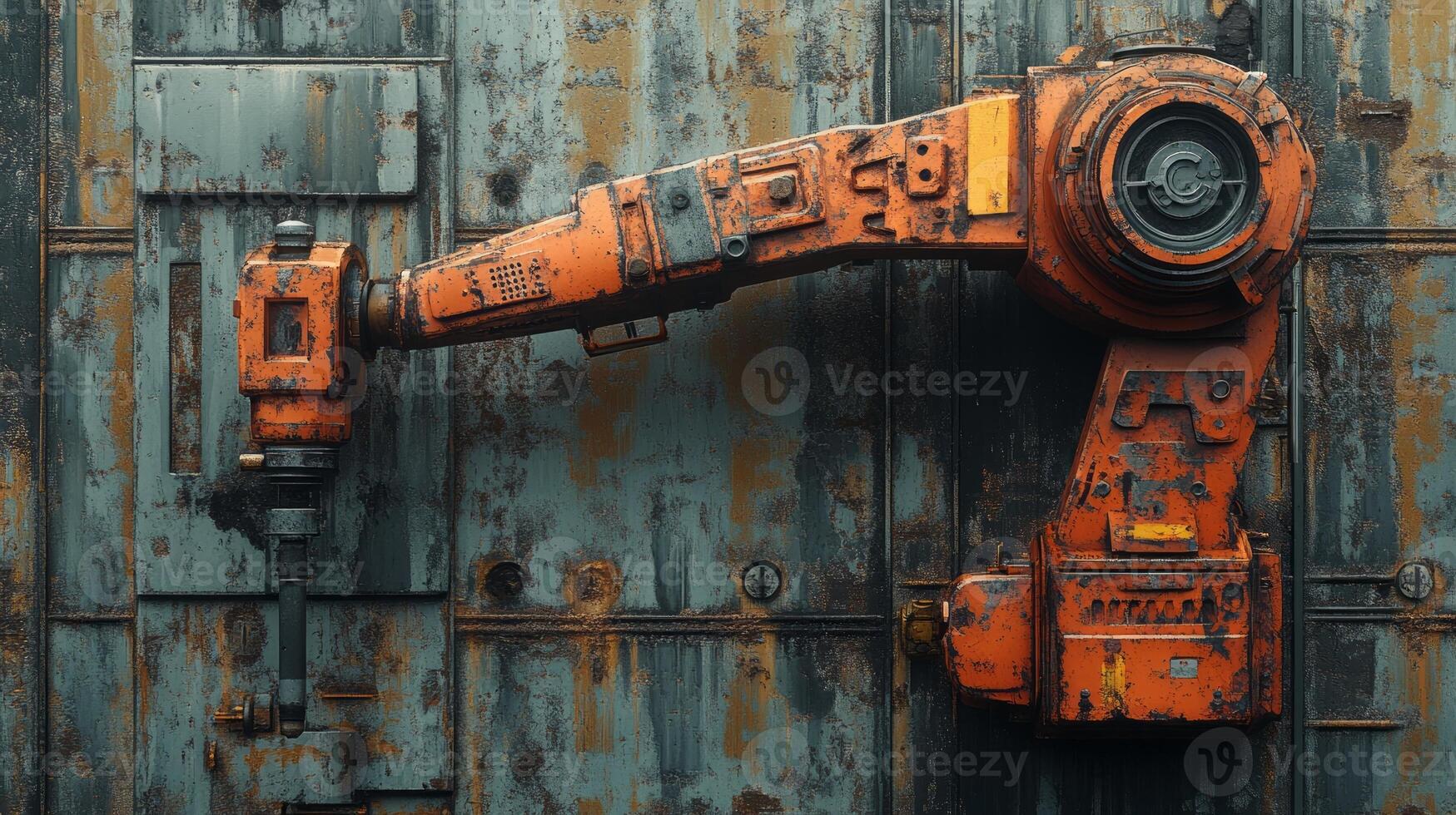 An old rusty industrial robot is standing in front of a door photo