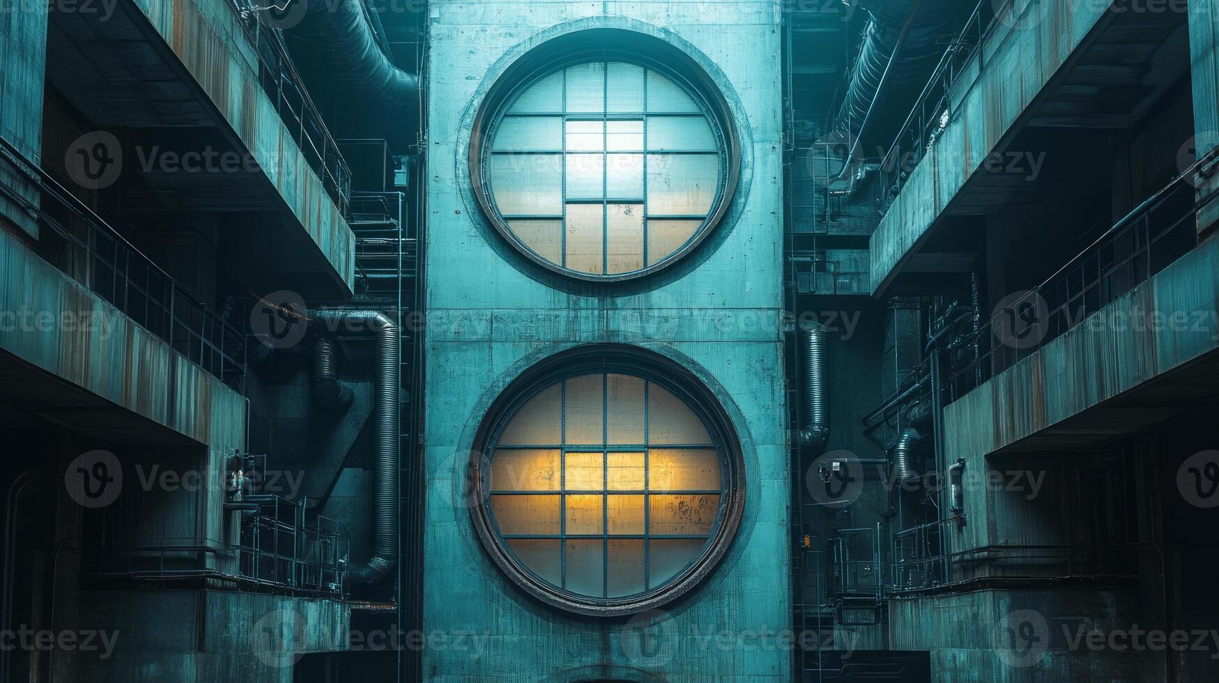 A large room with two circular windows and pipes photo