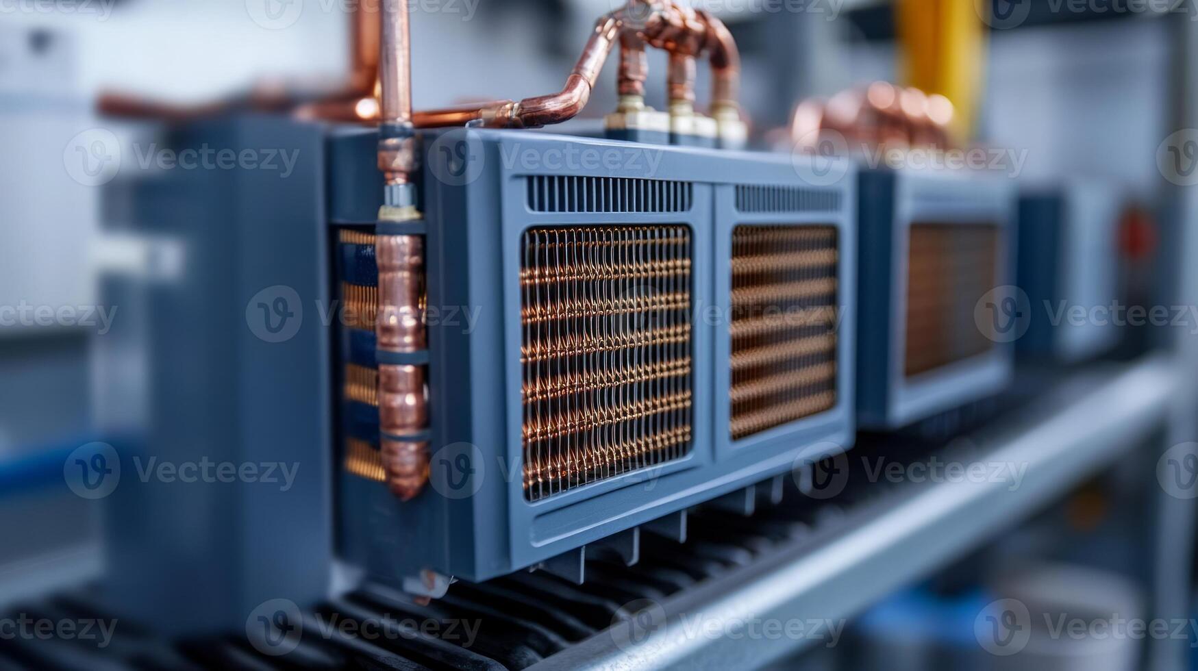 Close-up of industrial cooling units with copper piping and fins, used for temperature regulation. photo