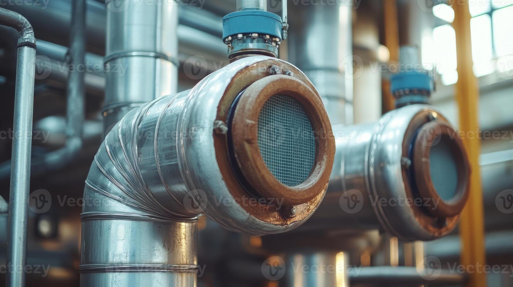 Close-up of industrial pipes with filters, showcasing machinery and engineering. photo