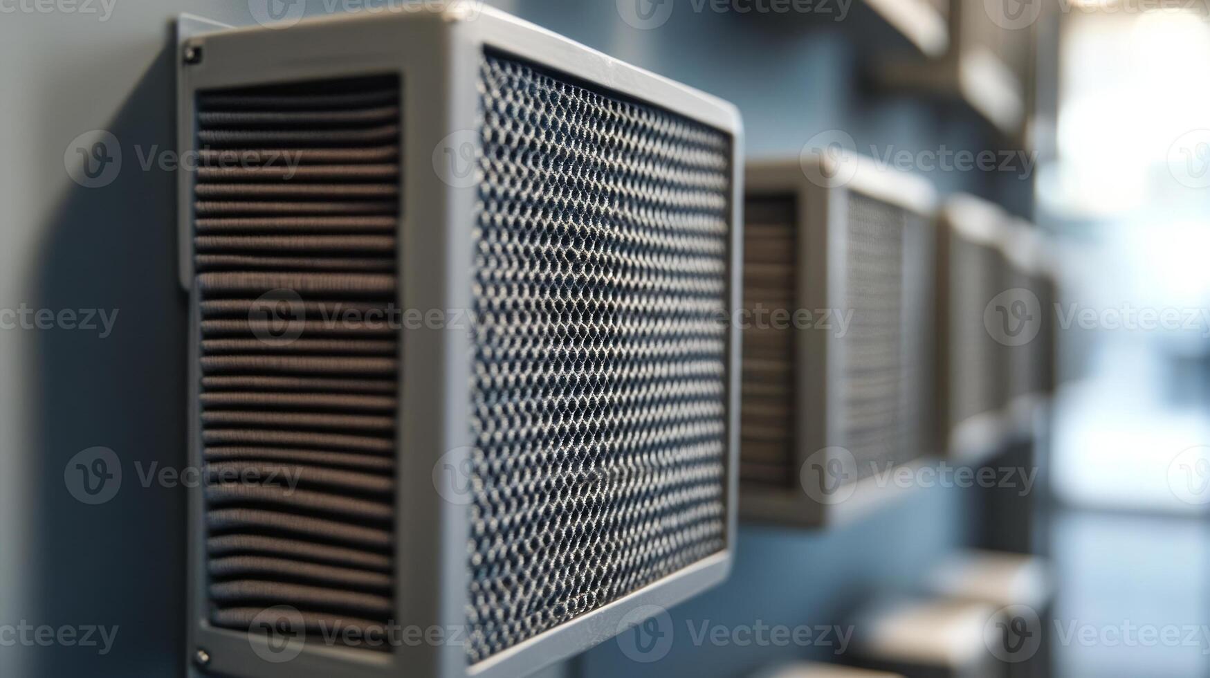 Close-up of modern air filters mounted on a wall, emphasizing design and functionality. photo