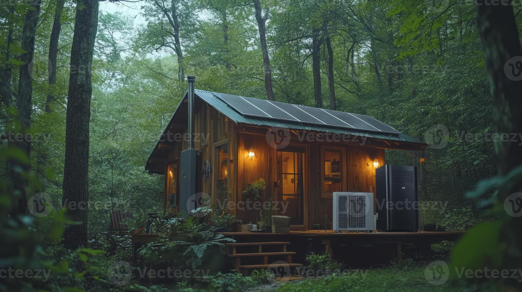 A tiny cabin in the woods with solar panels photo