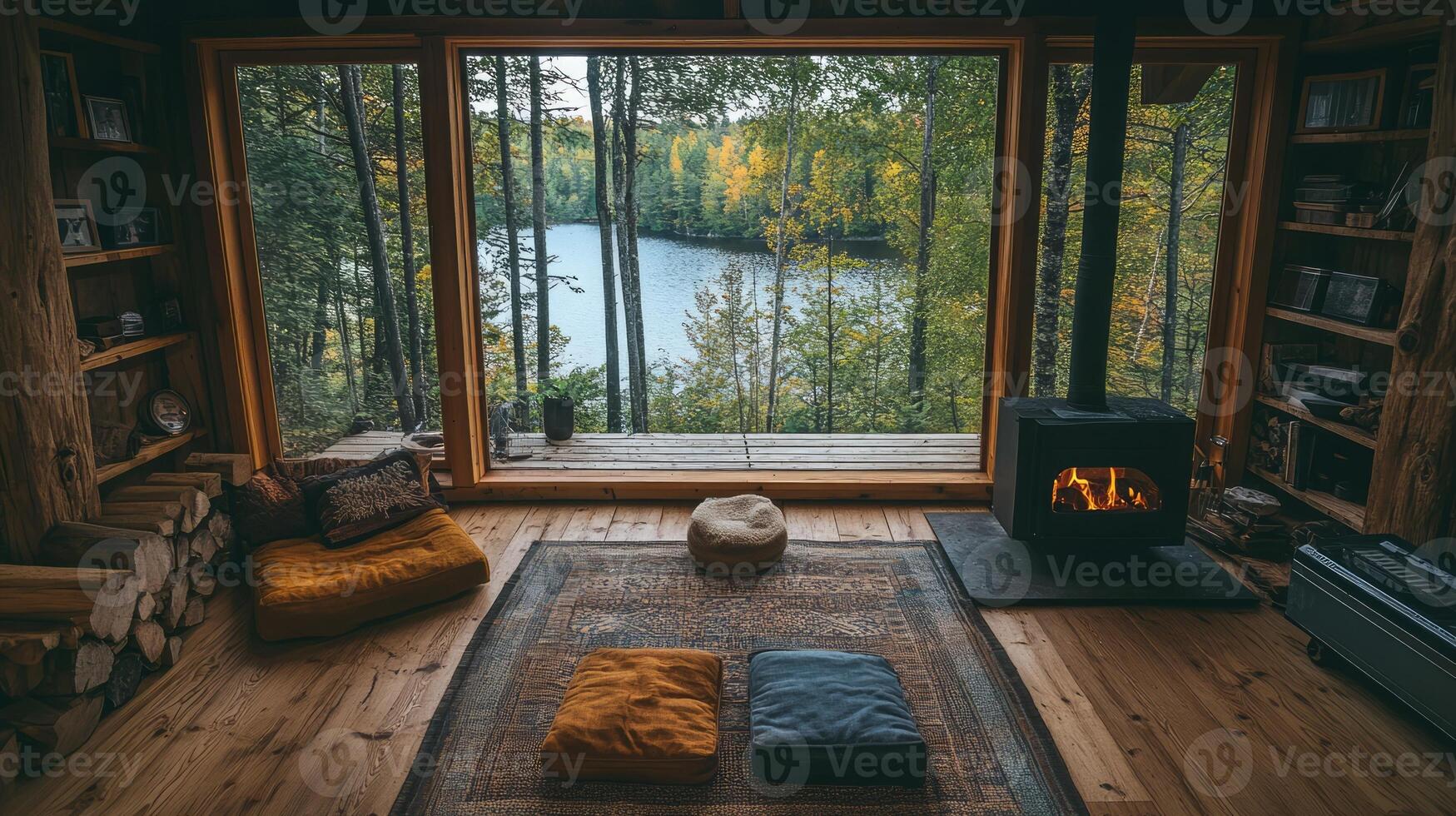Cozy cabin interior with a view of a serene lake and autumn foliage. photo