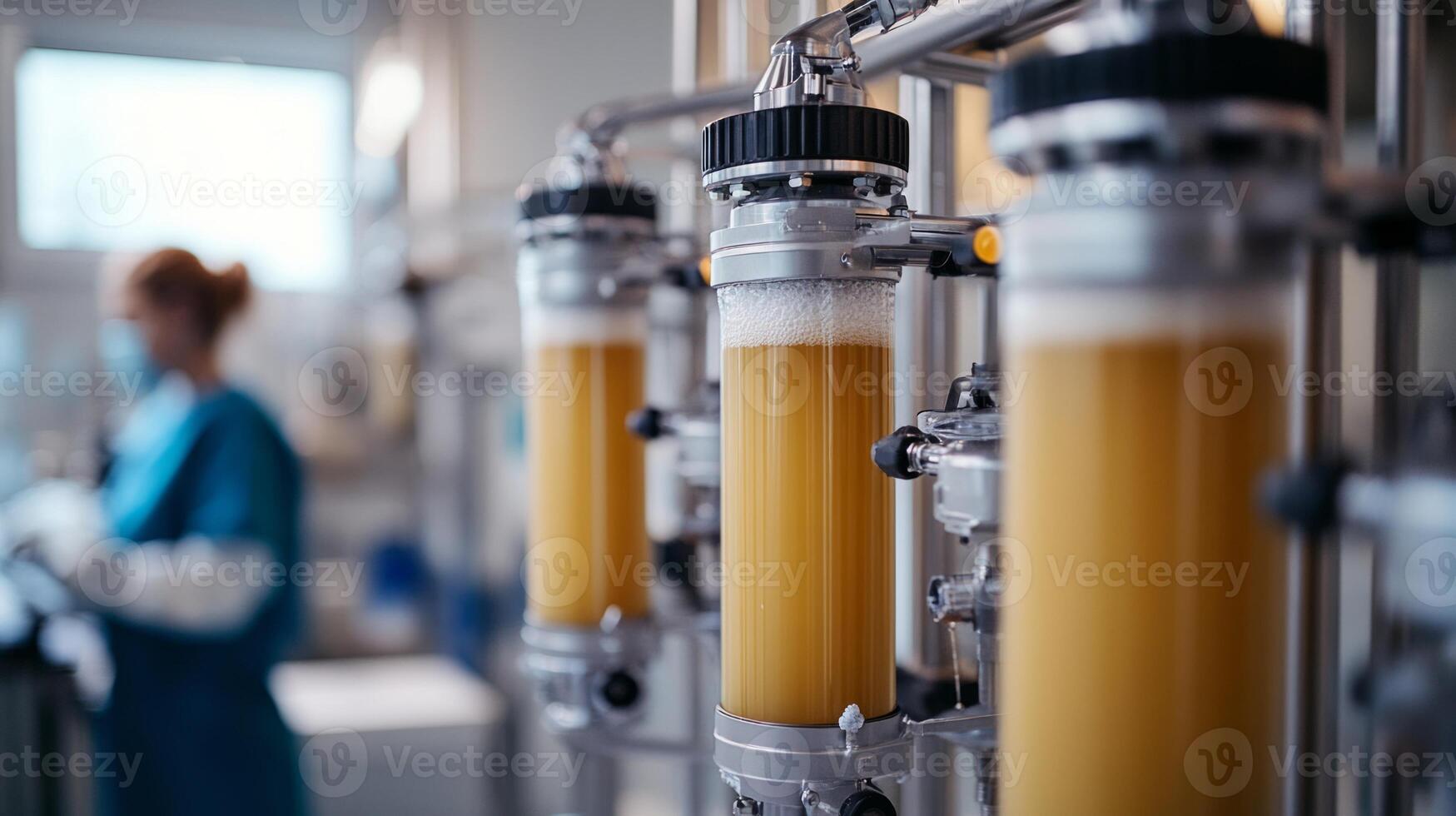 Industrial brewing setup with fermenters and a technician in a lab environment. photo