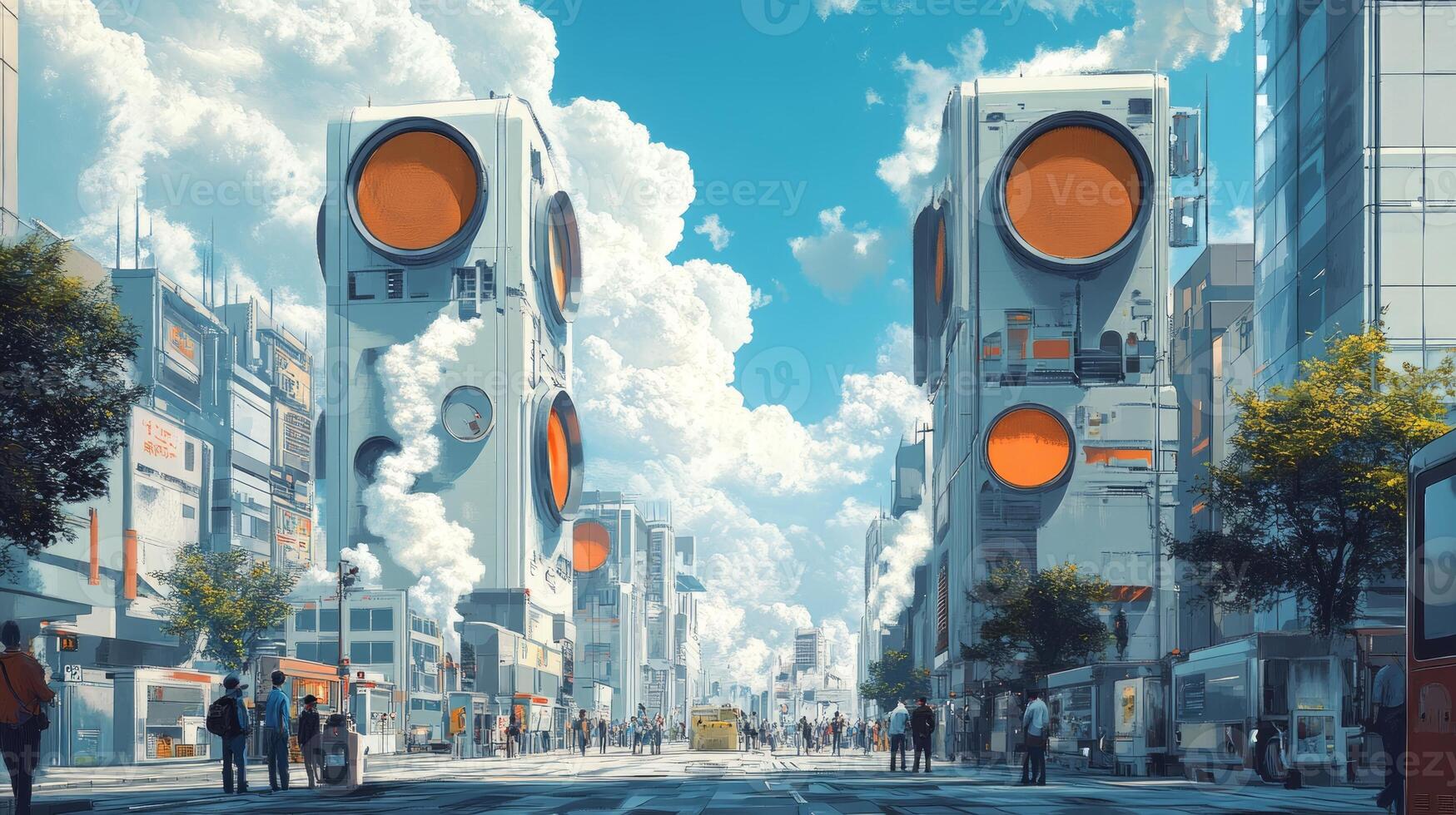 Futuristic cityscape with towering structures and vibrant colors, depicting urban life and technology. photo