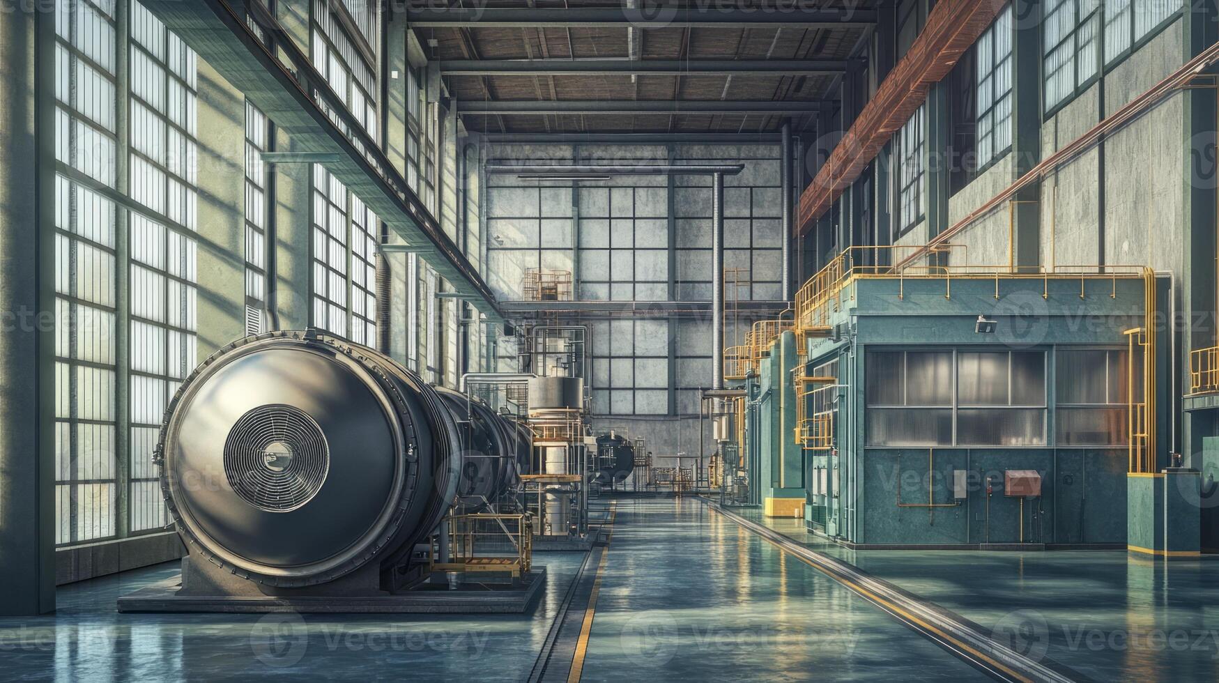 Industrial interior showcasing machinery and equipment in a large, well-lit factory space. photo