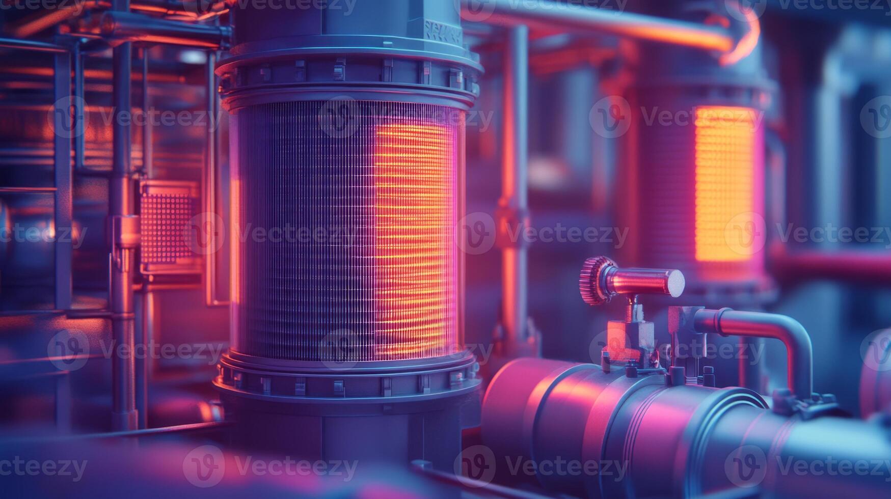 Industrial machinery with glowing elements, showcasing pipes and tanks in a complex setup. photo