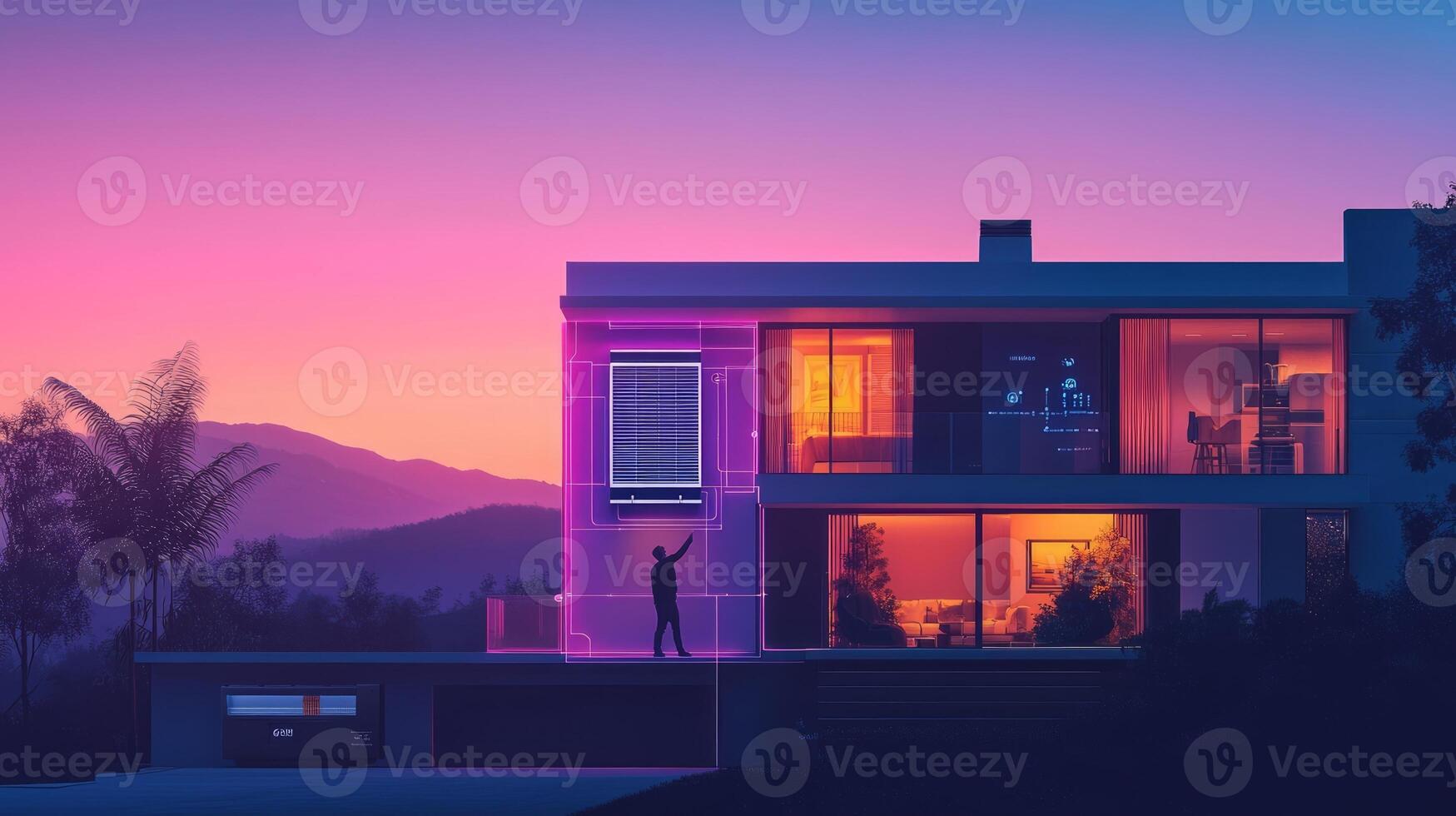 Modern house illuminated by vibrant colors at sunset, showcasing smart technology features. photo