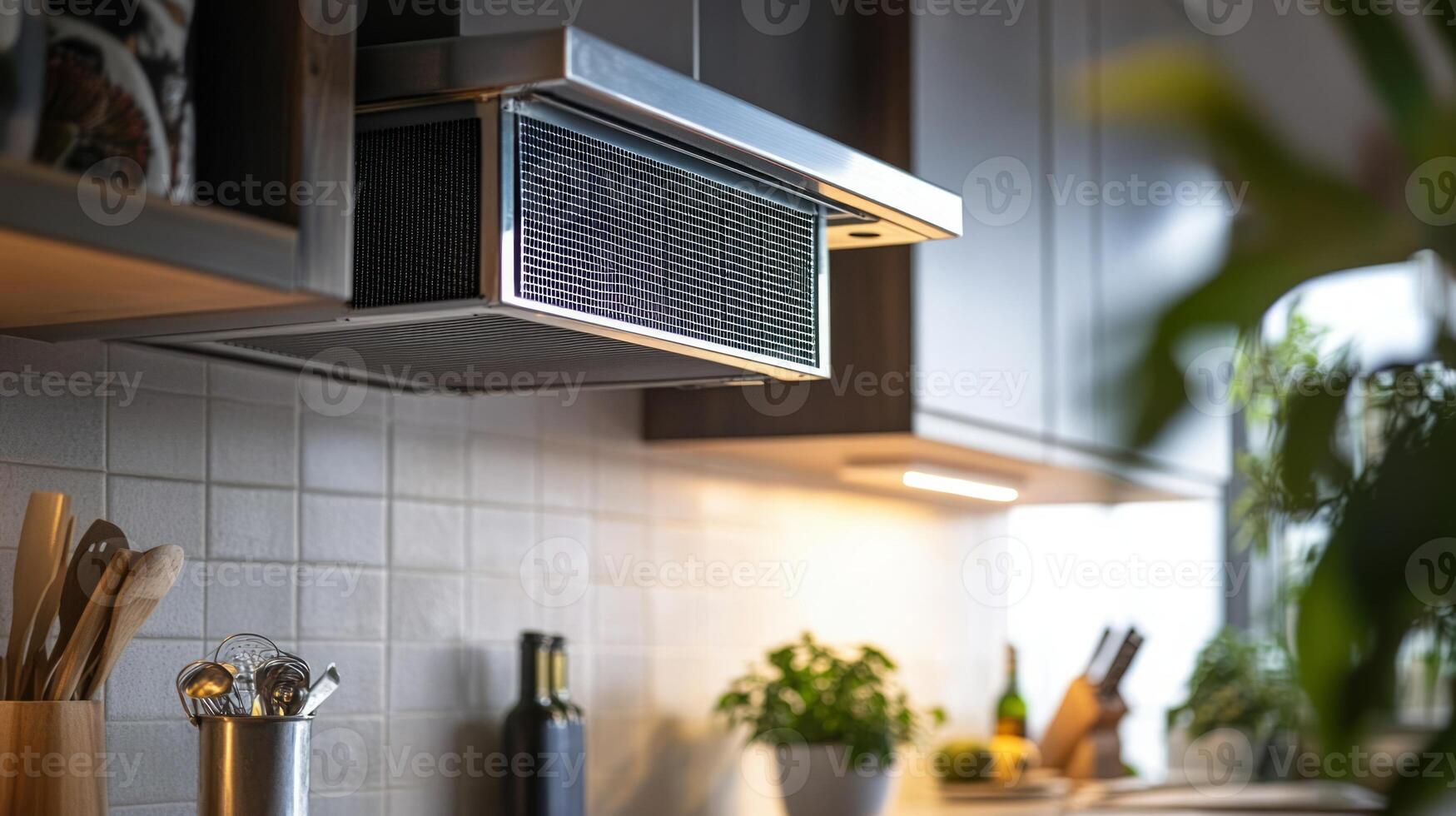 Modern kitchen hood above a countertop with plants and utensils in a stylish setting. photo