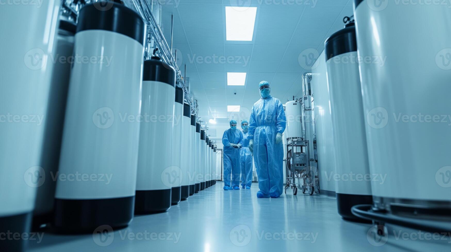 Scientists in protective gear working in a sterile laboratory filled with gas cylinders. photo