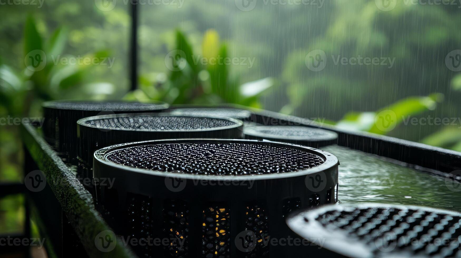Rainwater collection system with filters, showcasing nature and sustainability. photo