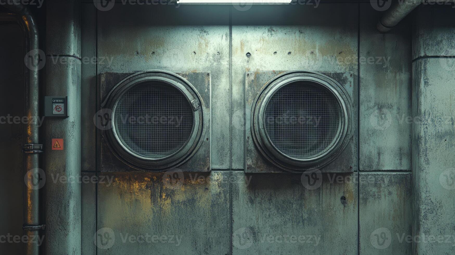 Two large circular vents on a weathered metal wall in an industrial setting. photo