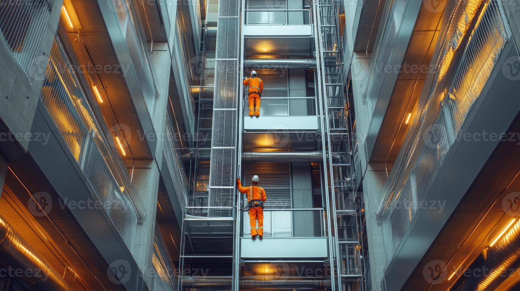 Two workers in orange uniforms ascend an elevator shaft in a modern building. photo