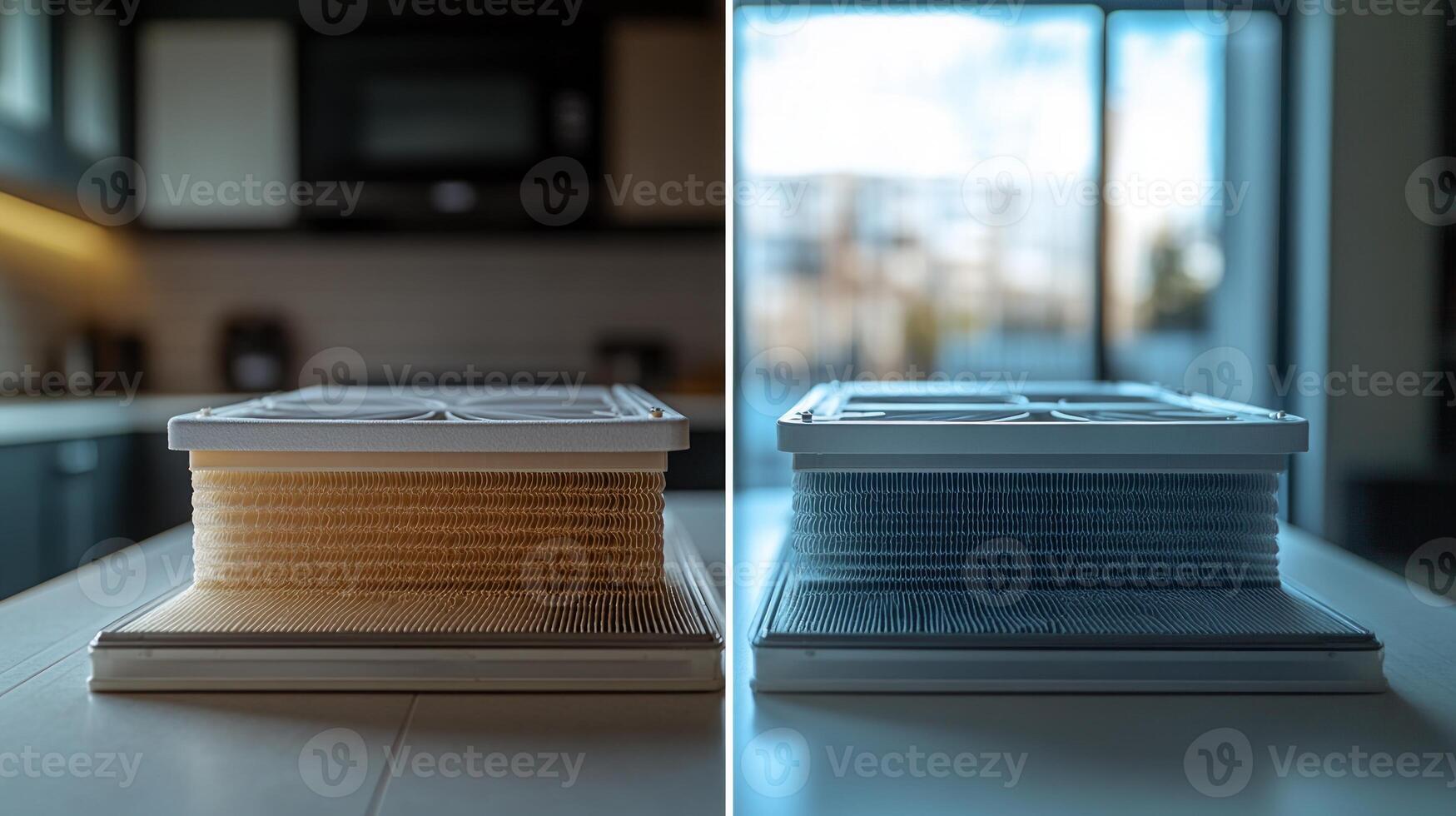 Two contrasting air filters showcasing different stages of use and cleanliness. photo